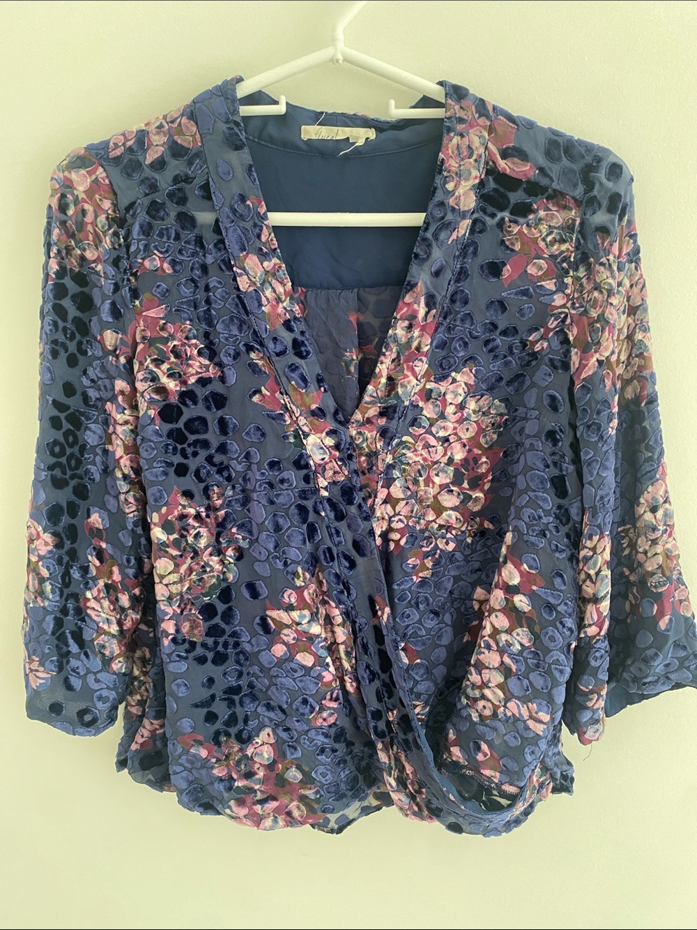 Floreat Anthropologie Japonica Wrap Boho Blouse Velvet Burnout Navy Purple XS